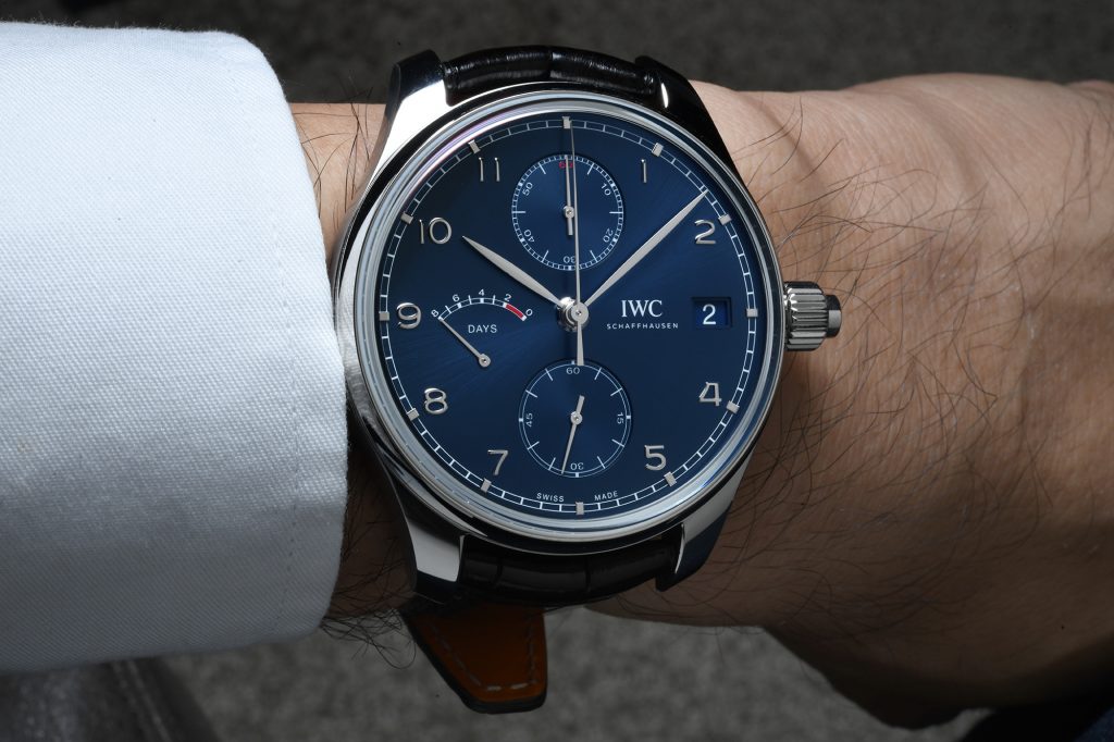 Wrist shot of IWC Portugieser Hand Wound Monopusher Edition Laureus Sport